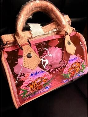 Ed Hardy Clear Pink Tiger Print Mini Duffle Swim Beach Bag NWT Y2K